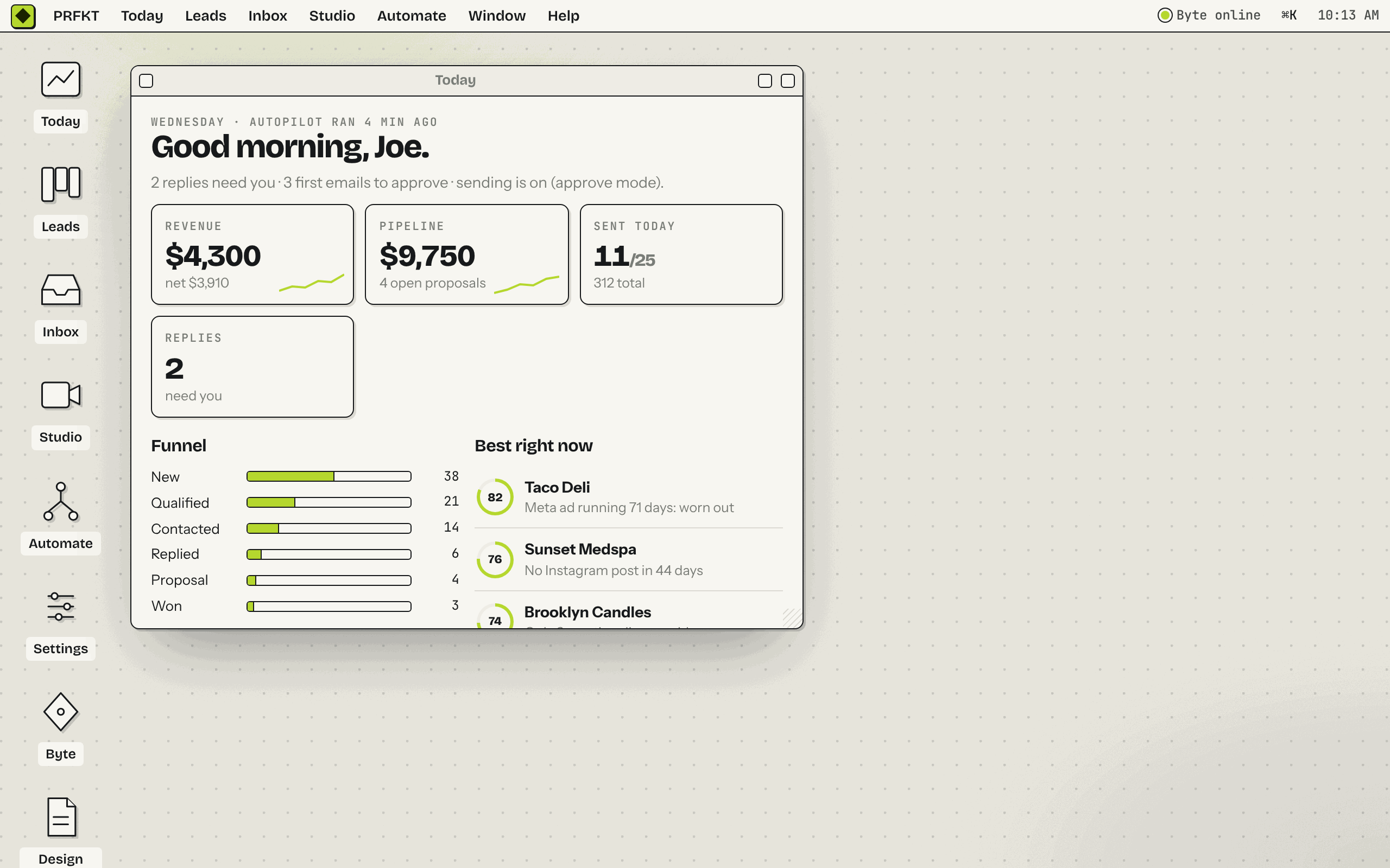 The PRFKT ADS desktop with the Today window open: revenue, pipeline, sent today, replies, a funnel and the best leads right now.