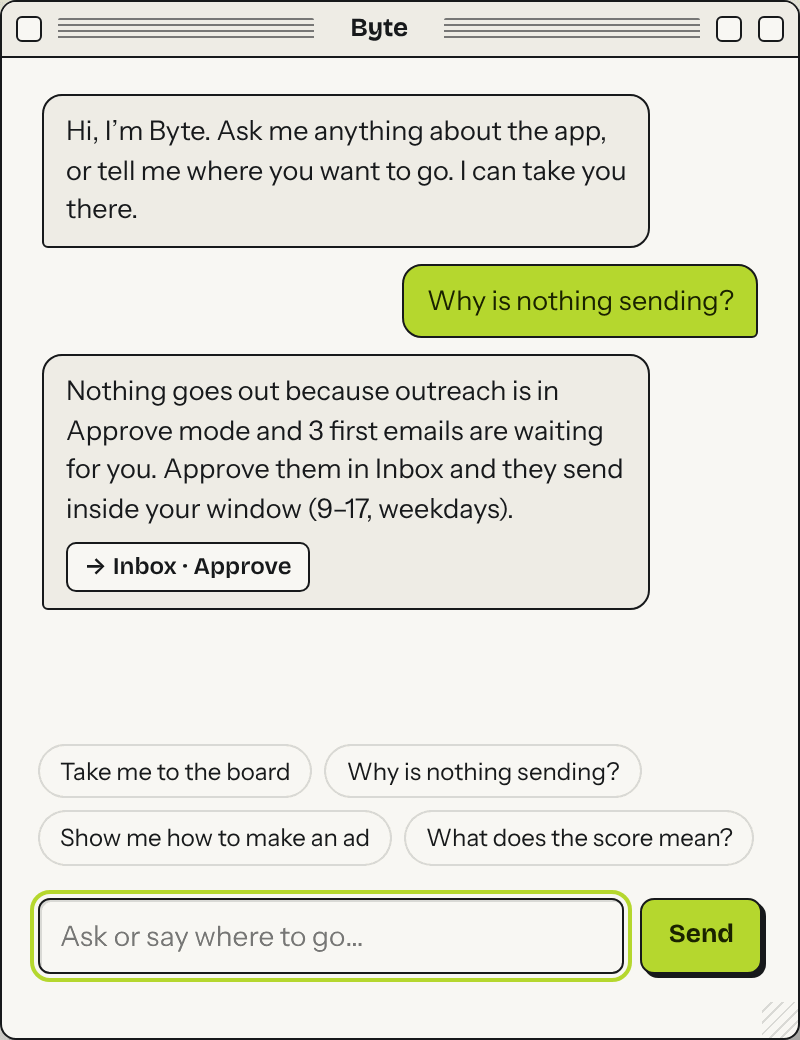 Byte window: a chat where Byte explains why nothing is sending and offers a link to Inbox.